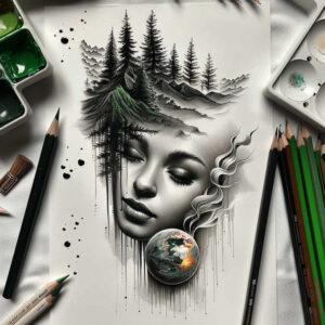 lake-tattoo – tattoo design ideas free ai generated – neotraditional-saturated-hues – for-upper-thigh – Gallery: nature-inkby-ai