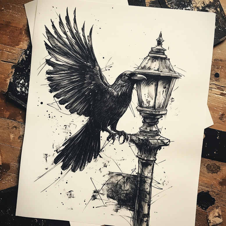 Crow perched on a vintage lamp post with lantern, rendered in black-and-grey ink; AI-generated tattoo project concept; clearly suitable for a cover-up.