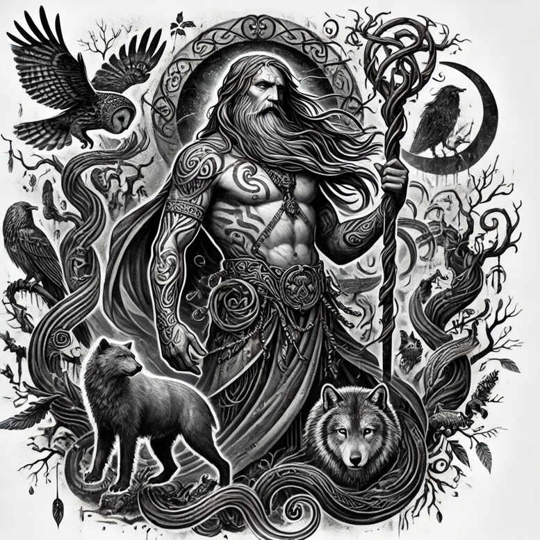 Central black and grey Slavic deity tattoo design featuring a bearded figure in ornate armor gripping a staff, with a wolf, raven, and dragon motifs; cover-up ready as a strong project idea.