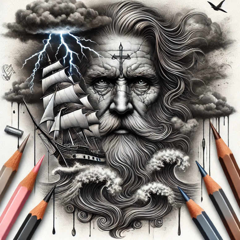 Poseidon-inspired black and grey tattoo design featuring a stern sea deity, ship, waves, clouds, and lightning; concept art for a cover-up.