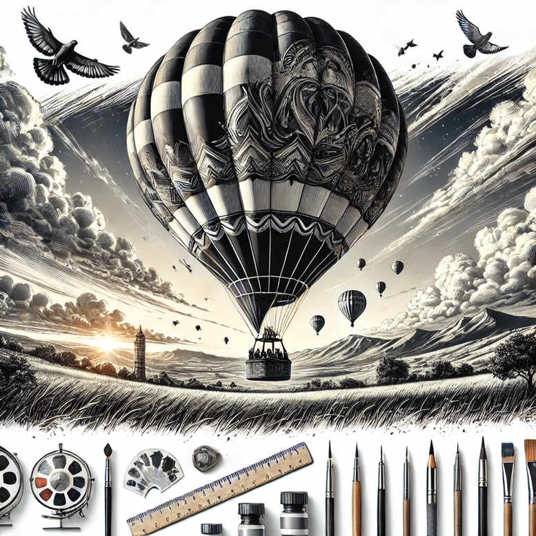 Balloon, basket, clouds, landscape, smaller balloons, palette, brush, ruler, ink bottle, pencil in black and grey; tattoo project idea suitable for a cover-up.