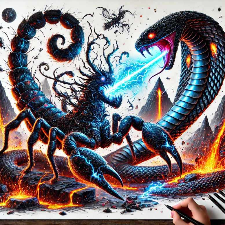 Blue dragon and dark dragon clash over lava and rocks; full-color tattoo design idea, cover-up suitable.