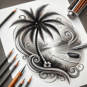 Palm tree on an island with boat, waves, swirl, flower, and sun; black and grey tattoo project, cover-up suitable.
