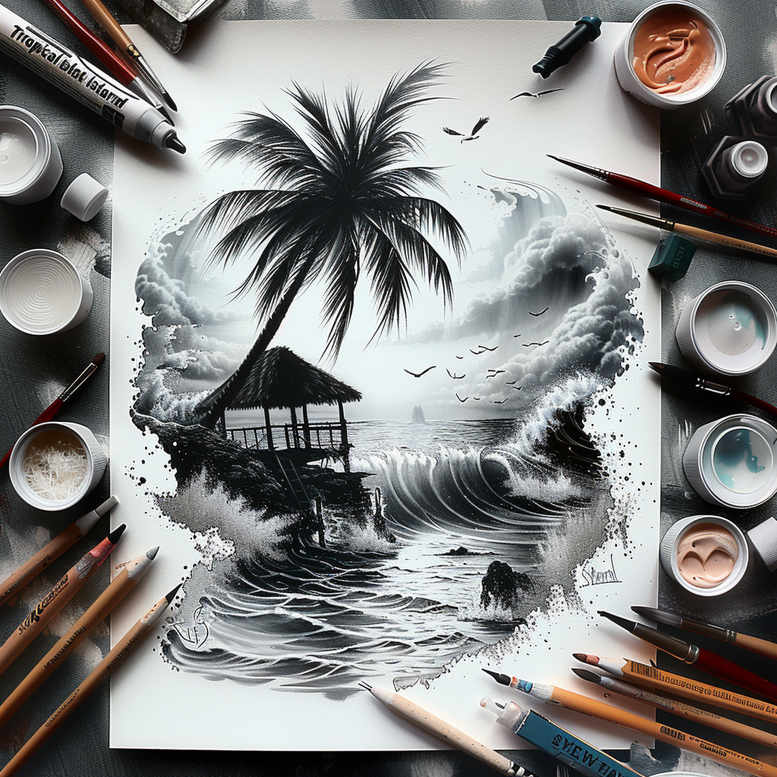 Black and grey tattoo design concept featuring a palm tree, hut on stilts, water, and cloudy sky; a cover-up suitable idea.