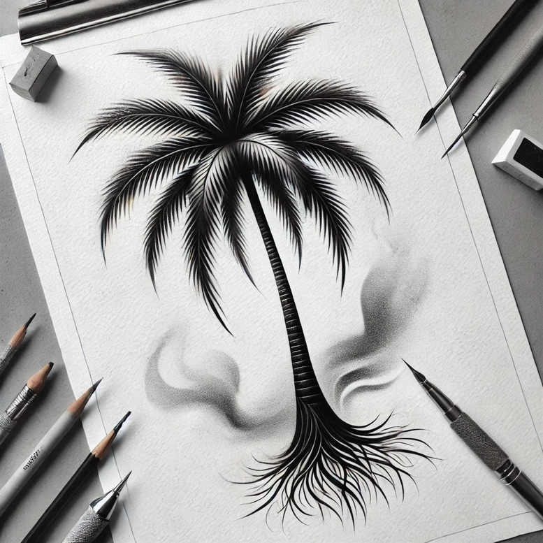 Palm tree sketch in black and grey on white paper, a pencil-style tattoo idea; AI-generated concept; project concept.