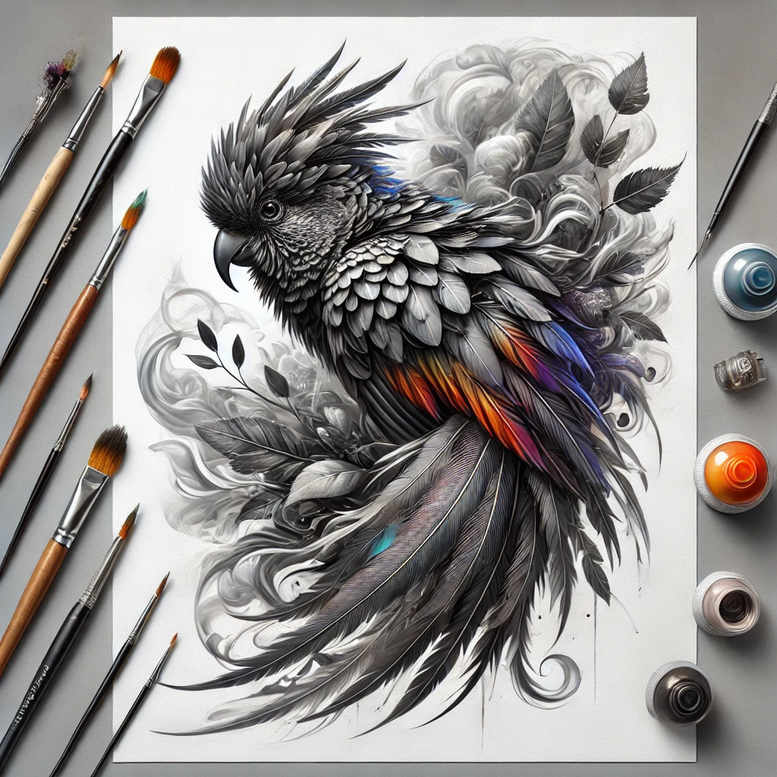 Bird on paper with black and grey plumage and blue-orange accents; brush, pencil, and paint nearby; tattoo design idea, cover-up ready.