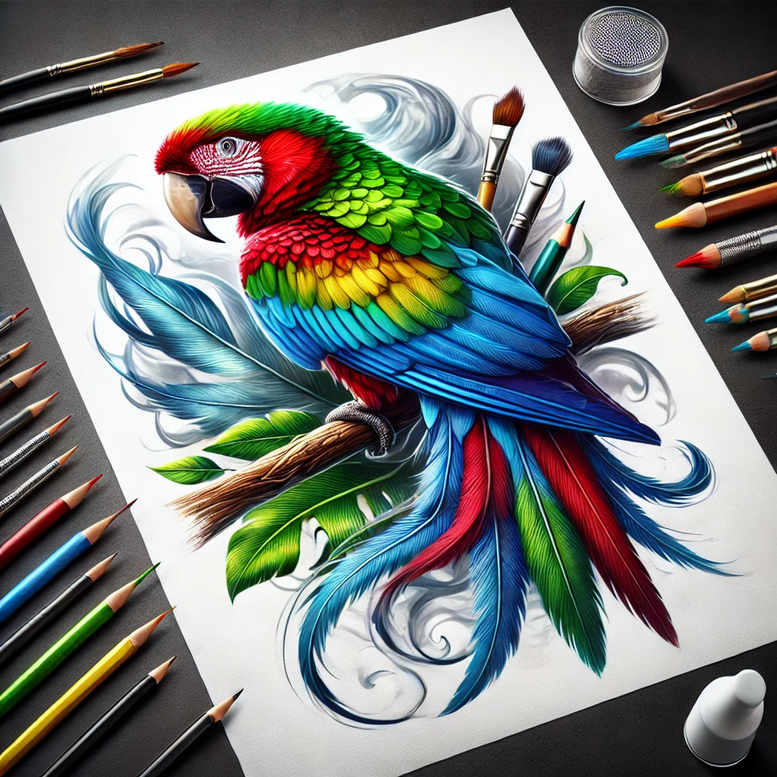 Colorful parrot on white paper with painting tools; tattoo design concept, not ideal for cover-up.