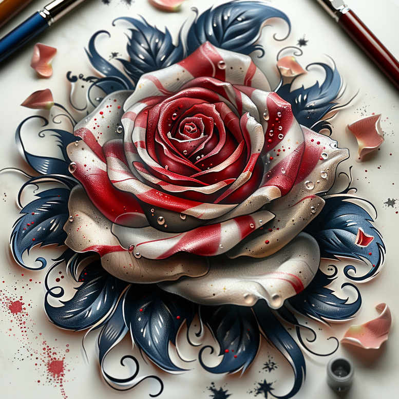 Rose with red petals and blue ornamental scrollwork; full-color tattoo design concept, a project idea; not ideal for cover-up.