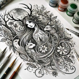 Woman with flowing hair among trees and vines, with wolves, birds, and flowers in black and grey; AI-generated tattoo project; not suitable for cover-up.