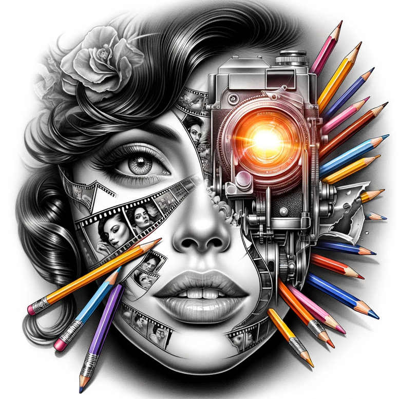 Black and grey portrait with camera, film strip, and pencil forming a pattern; AI-generated tattoo project concept; suitable for cover-up.