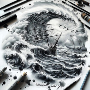 Patterned waves with ship, birds, and clouds in black and grey ink; cover-up-ready tattoo design concept.