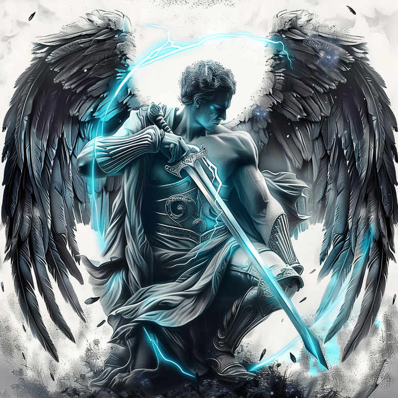 Winged warrior silhouette in black and grey armor, wielding a glowing blue sword; dark wings envelop the figure; AI-generated tattoo project; cover-up ready.