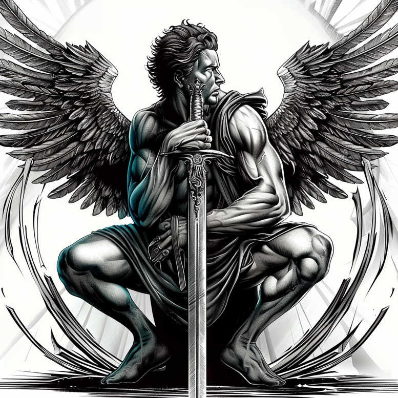 Warrior, wings, sword, robe, and halo in grayscale; black and grey tattoo project; cover-up suitable.