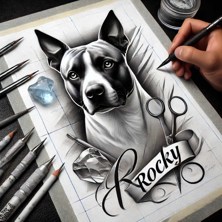 Dog head with a Rocky banner on grayscale paper; black and grey tattoo design idea for a cover-up project.