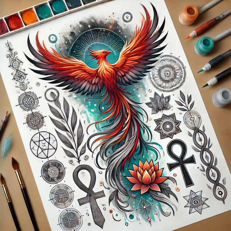 artistic-phoenix – tattoo design ideas free ai generated – realism-real-shadows – for-ankle – Gallery: phoenix-inkby-ai