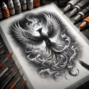 mystical-phoenix – tattoo design ideas free ai generated – neotraditional-textured-shading – for-shin – Gallery: phoenix-inkby-ai