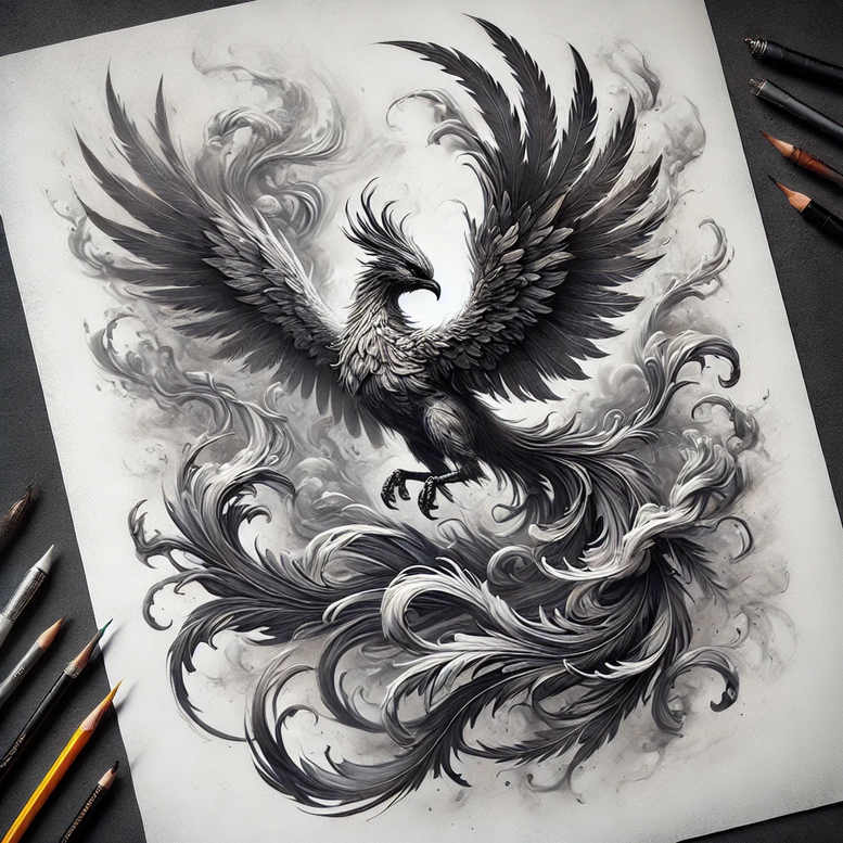 phoenix-and-rebirth – tattoo design ideas free ai generated – surrealism-unreal-light – for-upper-shoulder – Gallery: phoenix-inkby-ai