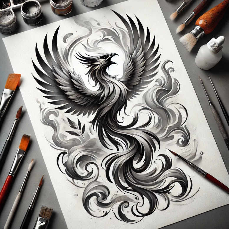 phoenix-tattoo – tattoo design ideas free ai generated – neotraditional-sharp-edges – for-behind-ear – Gallery: phoenix-inkby-ai