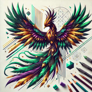 phoenix-with-abstract-pattern – tattoo design ideas free ai generated – surrealism-beyond-reality – for-upper-chest – Gallery: phoenix-inkby-ai