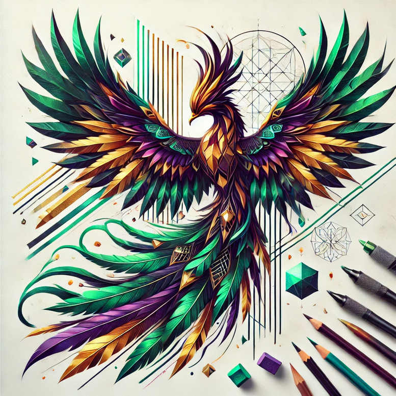 phoenix-with-abstract-pattern – tattoo design ideas free ai generated – surrealism-beyond-reality – for-upper-chest – Gallery: phoenix-inkby-ai