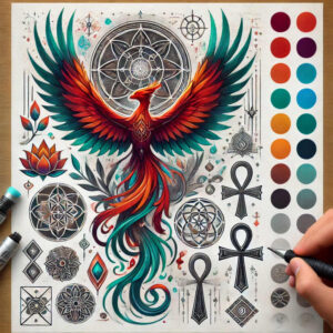 phoenix-with-ashes – tattoo design ideas free ai generated – surrealism-displaced-objects – for-side-torso – Gallery: phoenix-inkby-ai