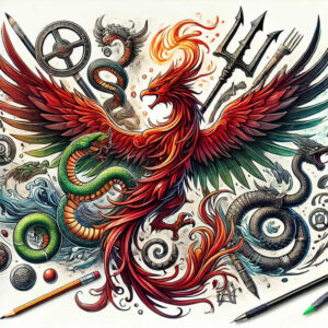 phoenix-with-colorful-feathers – tattoo design ideas free ai generated – neotraditional-accent-shading – for-collarbone – Gallery: phoenix-inkby-ai
