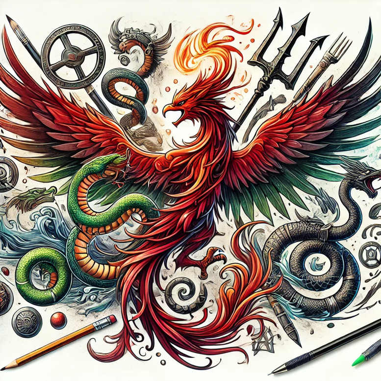 phoenix-with-colorful-feathers – tattoo design ideas free ai generated – neotraditional-accent-shading – for-collarbone – Gallery: phoenix-inkby-ai