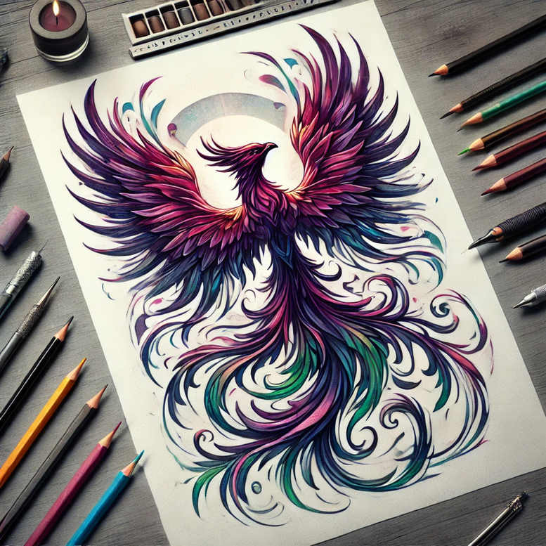 phoenix-with-feathers – tattoo design ideas free ai generated – realism-realistic-lighting – for-lower-chest – Gallery: phoenix-inkby-ai