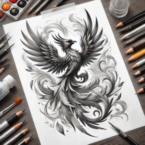phoenix-with-lines – tattoo design ideas free ai generated – realism-illusion-of-depth – for-back-of-neck – Gallery: phoenix-inkby-ai