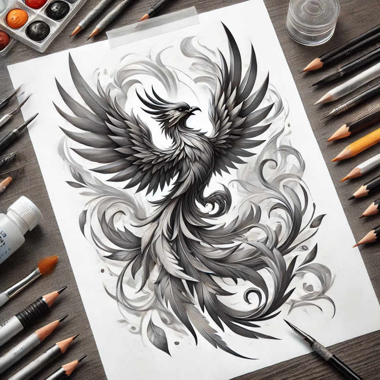 phoenix-with-lines – tattoo design ideas free ai generated – realism-illusion-of-depth – for-back-of-neck – Gallery: phoenix-inkby-ai