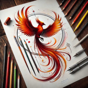 phoenix-with-ornamentation – tattoo design ideas free ai generated – surrealism-subconscious-themes – for-lower-leg – Gallery: phoenix-inkby-ai