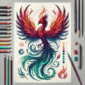 Phoenix with rainbow feathers on paper, graphic patterns, visible pencils, pens, color palette, and swatches; full color, not black and grey; project idea; not ideal for cover-up.