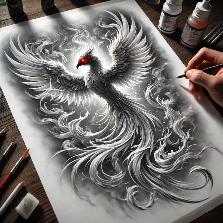 Phoenix in black and grey with flowing feather pattern, smoky background; red eye; AI-generated tattoo project; perfect for a cover-up.