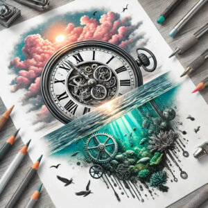 Pocket watch with exposed gears; pink clouds and sun above; teal underwater reef with coral and seaweed; birds in sky; full color; tattoo idea; not a cover-up.