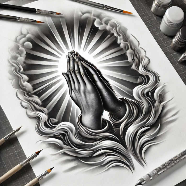 Praying hands with a halo and rope-ring pattern in black and grey; tattoo design concept for inked body art.
