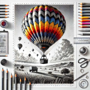 Balloon: rainbow-colored chevron over grayscale landscape with clouds and truck; pencils, rulers, scissors, ink cup on a white sheet; AI-generated tattoo project; cover-up option.
