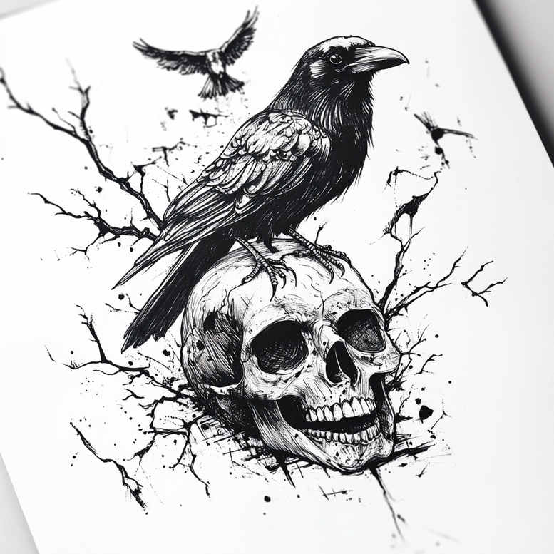 Raven, skull, and branches in black and grey; a tattoo project idea; suitable for a cover-up.