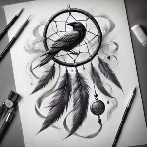 Raven perched on a circular dreamcatcher with flowing black and grey feathers; cover-up ready tattoo project.