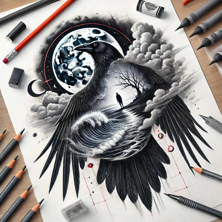 Black and grey raven with a full moon, billowing clouds, waves, a lone figure on a hill, and a bare tree; tattoo project in black and grey, suitable for cover-up.
