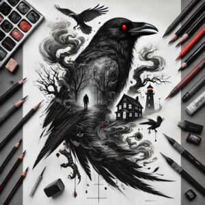 Black and grey raven with red eye, foggy forest pattern featuring path, haunted house, lighthouse, trees, and silhouette; tattoo project concept; ideal for cover-up.