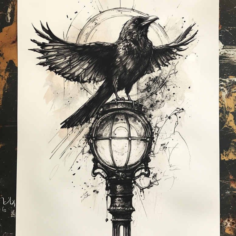 Raven perched on a vintage lamp post with glass globe, black and grey ink; tattoo design concept; cover-up-ready.