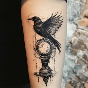 Black and grey raven perched on a circular clock ring atop a decorative pedestal; AI-generated tattoo project, pattern.