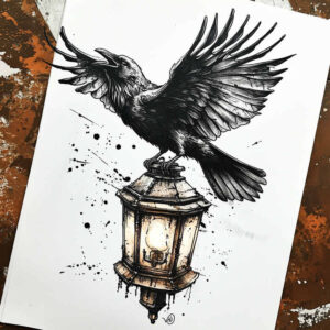 Black and grey tattoo design featuring a raven perched on a vintage lantern with ink splatters; AI-generated project suitable for cover-up.
