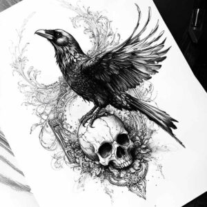 Raven and skull with floral pattern in black and grey; AI-generated tattoo project, perfect for a cover-up.