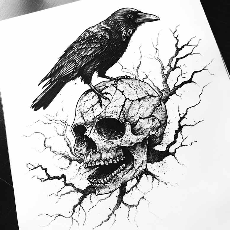 Raven on cracked skull in black and grey; tattoo design idea; cover-up capable.