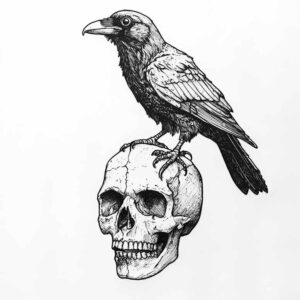 Raven and skull in black and grey, tattoo design project, cover-up ready.