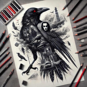 Black and grey tattoo design featuring raven, winged figure, Eiffel Tower, car, city buildings, feather, crow, and clouds; pattern-heavy cover-up project.