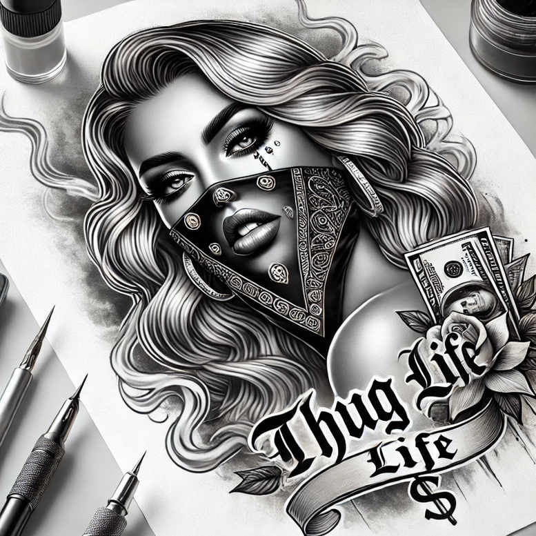 Woman portrait, bandana, banner, bill; black and grey shading; tattoo project concept; cover-up suitable.