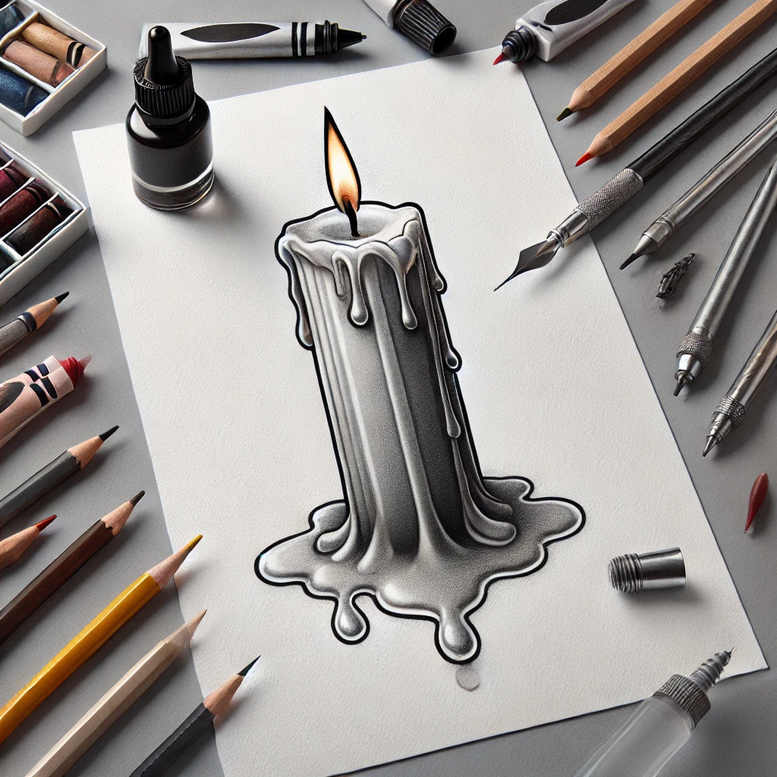 Candle drawing on white paper in black and grey tones; surrounded by ink bottle, nibs, pens, and pencils; tattoo project idea; not suitable for cover-up.