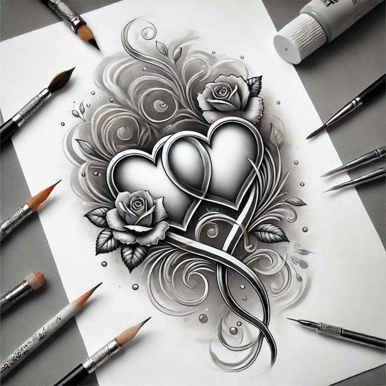 Interlocking heart tattoo design in black and grey with roses, leaves, and swirls; a project idea, suitable for a cover-up.